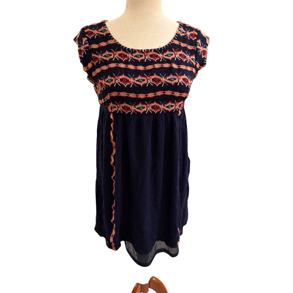 THML Embroidered Dress Geometric Aztec Side Zip Sleeveless Boho Med